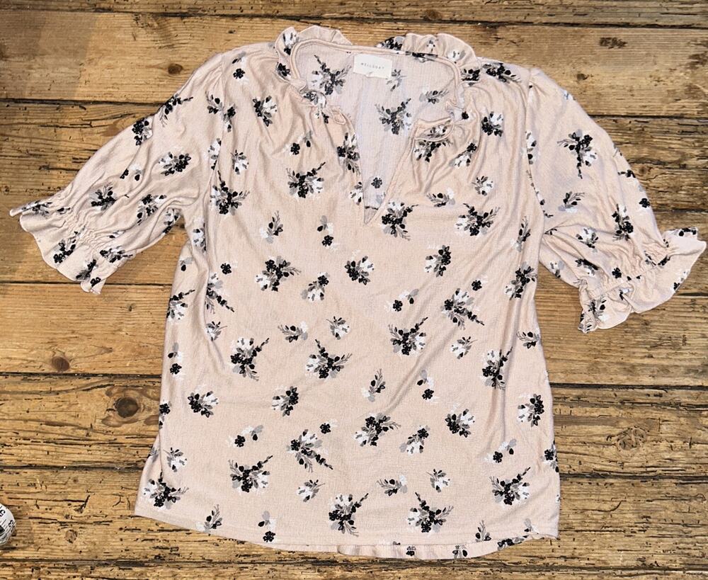 Melloday Women’s Size S Pink 1/4 Sleeve Black Flower Print V-Neck Blouse